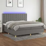 Pat cu arcuri, saltea și LED, gri închis, 200x200 cm, textil GartenMobel Dekor