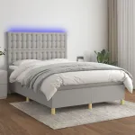 Pat cu arcuri, saltea și LED, gri deschis, 140x190 cm, textil GartenMobel Dekor