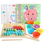 Puzzle Montessori cu bile colorate din lemn Leziter, set educativ cu pensetă