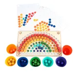 Puzzle Montessori din lemn Leziter Rainbow, joc mozaic cu bile colorate si penseta