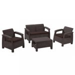 Set mobilier grădină Curver Corfu maro cu perne taupe, 4 piese (canapea, 2 fotolii, masă)