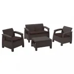 Set mobilier grădină Curver Corfu maro cu perne taupe, 4 piese (canapea, 2 fotolii, masă)