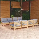 Set mobilier de grădină cu perne gri, 9 piese, lemn masiv pin GartenMobel Dekor