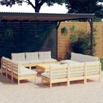 Set mobilier grădină cu perne, 13 piese, crem, lemn de pin GartenMobel Dekor