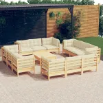 Set mobilier grădină cu perne, 13 piese, crem, lemn de pin GartenMobel Dekor