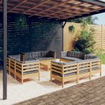 Set mobilier grădină cu perne, 13 piese, gri, lemn de pin GartenMobel Dekor