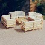 Set mobilier grădină cu perne, 9 piese, crem, lemn de pin GartenMobel Dekor