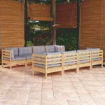 Set mobilier de grădină cu perne gri, 9 piese, lemn masiv pin GartenMobel Dekor