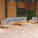 Set mobilier grădină cu perne gri, 7 piese, lemn masiv de pin GartenMobel Dekor
