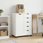 Cabinet mobil cu roata Alb 63,5 x 39 x 79 cm Lemn de pin masiv GartenMobel Dekor