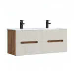 Masca lavoar baie Leziter Trent 120 cm cu lavoar ceramic, 4 sertare, Sunset Oak-White