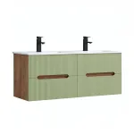Dulap de baie suspendat Leziter Trent 120 cm cu lavoar ceramic, 4 sertare, stejar si verde