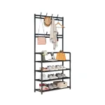 Suport pentru haine Leziter LRA-02 negru, cu 8 cârlige și 4 rafturi