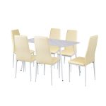 Set dining Leziter Jenna 6+1 bej, masă cu blat din piatră sinterizată