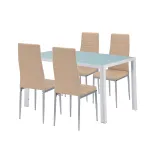 Set de dining Leziter Mabel 4+1 cu masă din sticlă și 4 scaune bej-gri