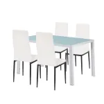 Set dining Leziter Mabel 4+1 alb-negru, masă cu sticlă securizată și 4 scaune