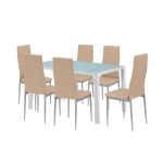 Set de dining Leziter Mabel 6+1, masă cu sticlă securizată și 6 scaune bej-gri