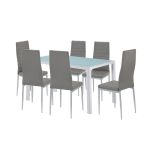Set de dining Leziter Mabel 6+1 cu masă din sticlă securizată și 6 scaune gri