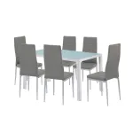 Set de dining Leziter Mabel 6+1 cu masă din sticlă securizată și 6 scaune gri