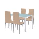 Set dining Leziter Midland 4+1, masă cu sticlă securizată și 4 scaune bej-gri