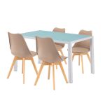 Set dining Leziter Nuvia 4+1 alb-bej, masă sticlă 140 cm și 4 scaune