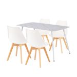 Set dining Leziter Ravena 4+1, masă cu blat din piatră sinterizată și 4 scaune albe