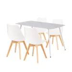 Set dining Leziter Ravena 4+1, masă cu blat din piatră sinterizată și 4 scaune albe