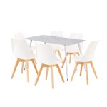 Set dining Leziter Ravena 6+1 cu masă piatră sinterizată, alb-bej, 6 locuri