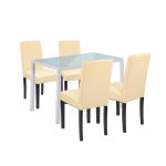 Set masă dining Leziter Mira 4+1 alb-bej cu blat din sticlă și 4 scaune