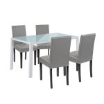 Set masă dining Leziter Mira 4+1 alb-gri cu blat din sticlă securizată 8 mm