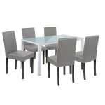 Set masă dining Leziter Mira 6+1 alb-gri cu masă din sticlă și 6 scaune