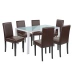 Set de masă Leziter Mira cu 6 scaune, masă din sticlă albă, scaune maro
