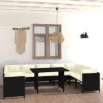 Set mobilier de grădină cu perne, 10 piese, negru, poliratan GartenMobel Dekor