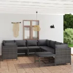 Set mobilier de grădină cu perne, 9 piese, gri, poliratan GartenMobel Dekor