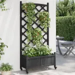 Jardinieră cu spalier și roți, negru, lemn masiv de brad GartenMobel Dekor