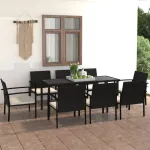 Set de masă și scaune de exterior, 9 piese, negru, poliratan GartenMobel Dekor