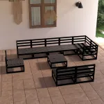 Set mobilier de grădină, 10 piese, negru, lemn masiv de pin GartenMobel Dekor