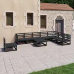 Set mobilier de grădină, 9 piese, negru, lemn masiv de pin GartenMobel Dekor