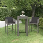 Set mobilier bar de grădină, cu perne, 3 piese, gri, poliratan GartenMobel Dekor