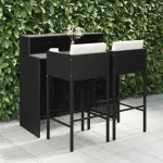 Set mobilier bar de grădină cu perne, 3 piese, negru, poliratan GartenMobel Dekor