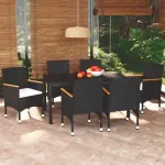 Set de masă pentru grădină cu perne, 7 piese, negru, poliratan GartenMobel Dekor
