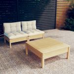 Set mobilier grădină cu perne crem, 3 piese, lemn de pin GartenMobel Dekor