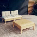 Set mobilier grădină cu perne crem, 3 piese, lemn de pin GartenMobel Dekor