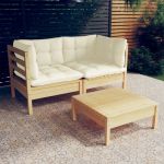 Set mobilier grădină cu perne crem, 3 piese, lemn de pin GartenMobel Dekor