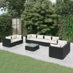 Set mobilier de grădină cu perne, 9 piese, negru, poliratan GartenMobel Dekor