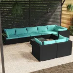 Set mobilier de grădină cu perne, 9 piese, negru, poliratan GartenMobel Dekor