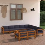 Set mobilier grădină perne gri închis, 10 piese, lemn acacia GartenMobel Dekor