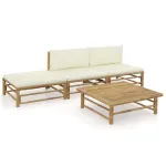 Set mobilier de grădină, cu perne alb crem, 3 piese, bambus GartenMobel Dekor