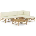 Set mobilier de grădină, cu perne alb crem, 5 piese, bambus GartenMobel Dekor