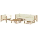 Set mobilier de grădină cu perne alb crem, 6 piese, bambus GartenMobel Dekor